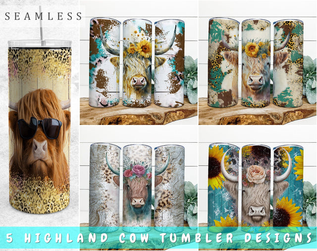 Highland Cow Tumbler Sublimation Designs Bundle, 20 Oz Skinny Tumbler Highland Cow Designs, Highland Cow With Sunflower Crown PNG, Cow With Rose Crown PNG, 5 Designs Sublimation HappyDesignStudio 
