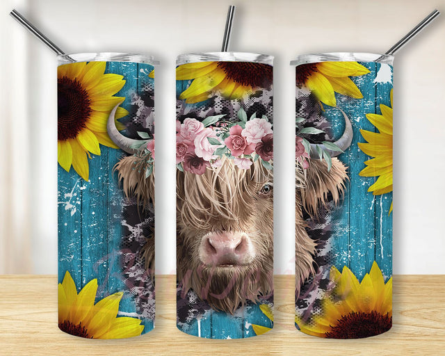Highland Cow Tumbler Sublimation Designs, Highland Cow Tumbler Wrap Png, Sunflower Png Sublimation BouDesign 
