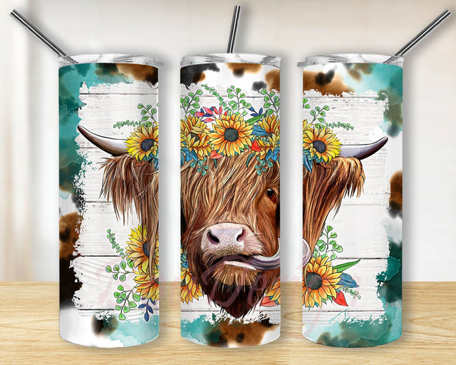 Highland Cow Tumbler Sublimation Designs, Highland Cow Tumbler Wrap Png, Sunflower Png Sublimation BouDesign 