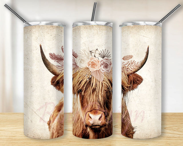 Highland cow tumbler wrap, Bull skinny tumbler 20oz, Seamless digital download, Cowgirl western sublimation tumbler Sublimation BouDesign 