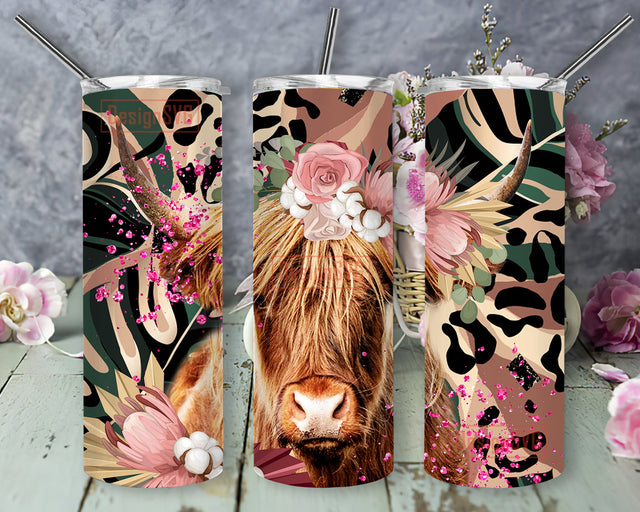 Highland Cow Tumbler Wrap, Cow Glitter 20oz Skinny Tumbler, Cow Floral Design Tumbler, Western Country Sublimation Designs, Instant Download Sublimation DesignSVG 