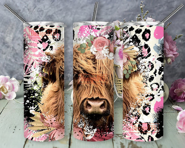 Highland cow and flowers 40 oz tumbler PNG for sublimation - So Fontsy