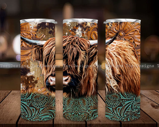 Highland Cow Tumbler Wrap PNG Design Cowgirl Bull Western Seamless Country Sublimation Designs Downloads - Skinny 20oz Sublimation ToriDesigns 