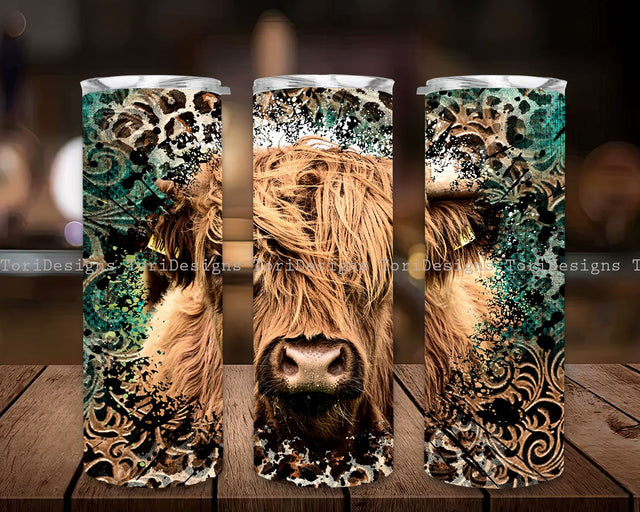 Highland Cow Tumbler Wrap Png Design Cowgirl Bull Western Seamless Country Sublimation Designs Downloads - Skinny 20oz Sublimation ToriDesigns 
