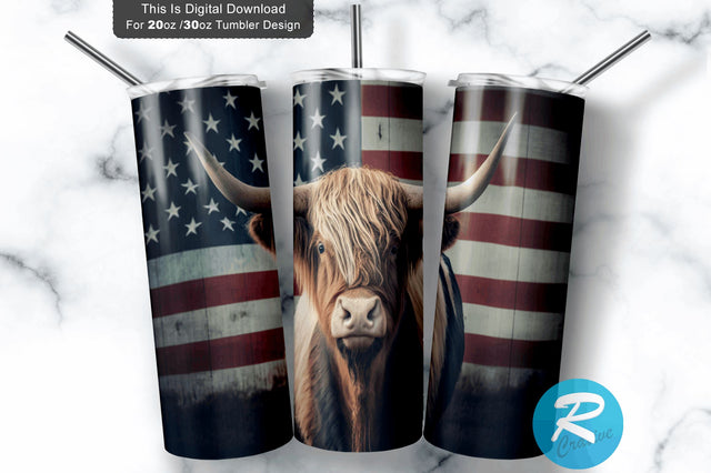 Highland Cow Usa Flag 20 Oz / 30 Oz Tumbler PNG Sublimation Regulrcrative 