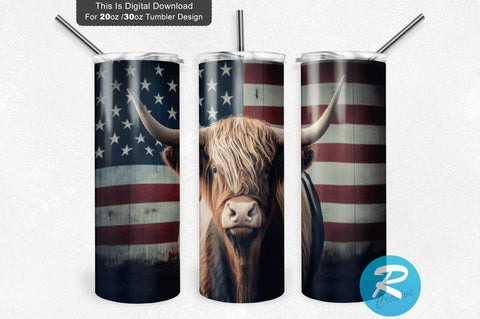 Highland Cow Usa Flag 20 Oz / 30 Oz Tumbler PNG Sublimation Regulrcrative 