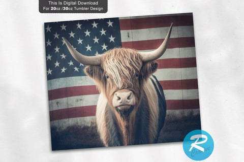 Highland Cow Usa Flag 20 Oz / 30 Oz Tumbler PNG Sublimation Regulrcrative 