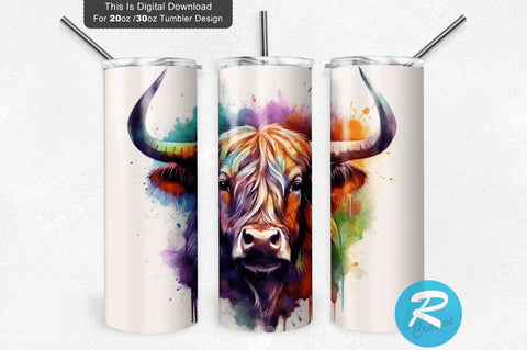 Highland Cow Watercolor 20 Oz / 30 Oz Tumbler PNG Sublimation Regulrcrative 