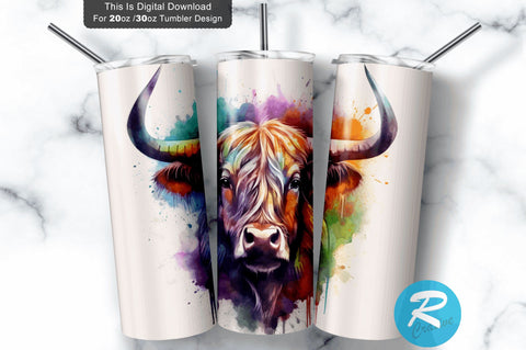 Highland Cow Watercolor 20 Oz / 30 Oz Tumbler PNG Sublimation Regulrcrative 