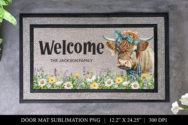 Highland Cow Welcome Door Mat Sublimation Design PNG Sublimation BijouBay 