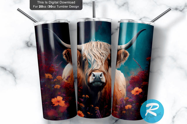 Highland Cow Wild Flower 20 Oz / 30 Oz Tumbler PNG Sublimation Regulrcrative 