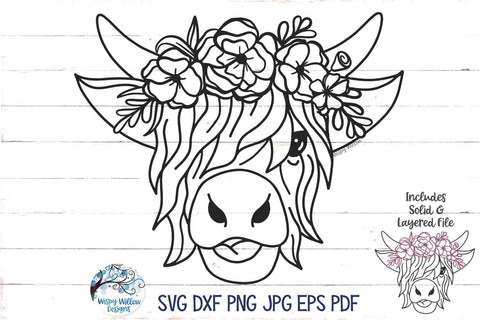 Highland Cow with Flowers SVG SVG Wispy Willow Designs 