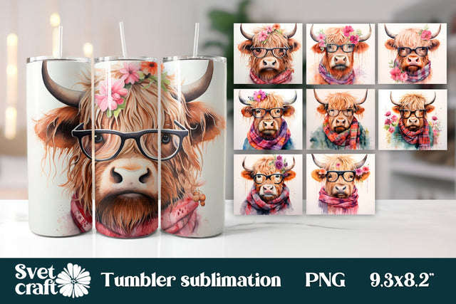 Highland cow with glasses tumbler bundle | Farm tumbler wrap Sublimation Svetana Studio 