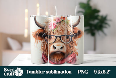 Highland cow with glasses tumbler | Cow tumbler Sublimation Svetana Studio 