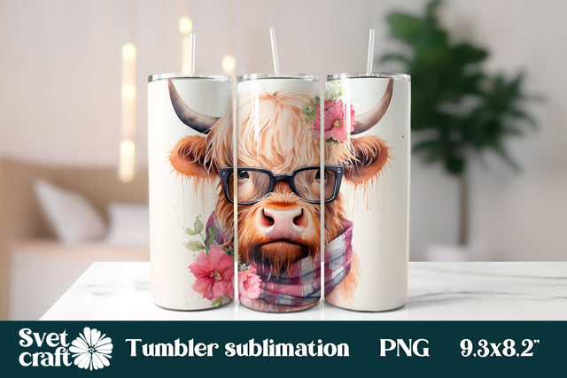 Highland cow with glasses tumbler | Farm tumbler design Sublimation Svetana Studio 