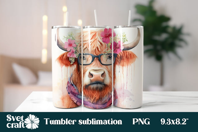Highland cow with glasses tumbler | Farm tumbler wrap Sublimation Svetana Studio 