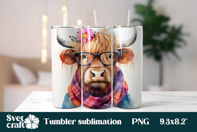 Highland cow with glasses tumbler wrap | Farm tumbler design Sublimation Svetana Studio 