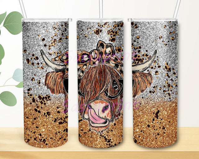 Highland Cow With Leopard Bandana And Glasses Tumbler Png, Highland Cow 20oz Skinny Tumbler, Leopard Glitter Tumbler Wrap, Cow Sublimation Design, Digital Download Sublimation sassyprint 