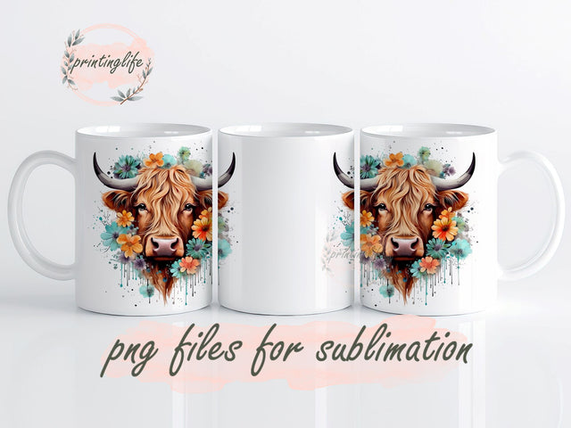 Highland Cows Head With Flowers Sublimation Design Sublimation PrintingLife 