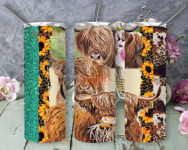 Highland Cows Sunflower Tumbler Sublimation Design, Sunflower 20 oz Skinny Tumbler PNG, Western Tumbler Wrap, Farm Animal Tumbler Design PNG Download Sublimation DesignSVG 