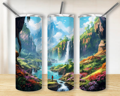 Hiking Flowers Mountains And A Waterfall 20oz Skinny Tumbler Png, Mountain And Wildflowers Landscape Sublimation Design, Watercolour Mountain River Tumbler Sublimation BouDesign 