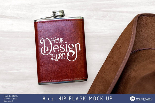 Hip Flask with leather cover - Mock up, styled photo Mock Up Photo Mae Middleton Studio 
