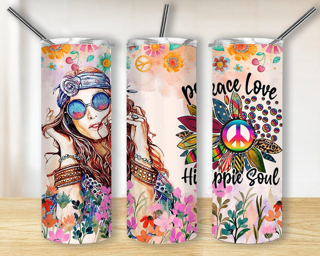 Hippie Girl Hippie Soul Peace Love 20oz Skinny Tumbler Png, Boho Tumbler, Gift For Hippie Friend, Hippie Girl Tumbler, Hippie Sunflower Tumbler Sublimation BouDesign 