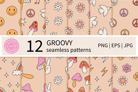 Hippie groovy backgrounds. 1970 Retro seamless patterns Digital Pattern Tori card store 