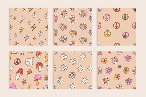 Hippie groovy backgrounds. 1970 Retro seamless patterns Digital Pattern Tori card store 