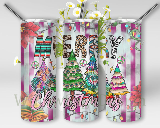 Hippie Merry Christmas Tumbler Wrap, Western Merry Christmas 20oz Tumbler Template, Christmas Tree Design Png, Christmas Sublimation Design for Straight, Instant Download Sublimation WillowSageDesign 