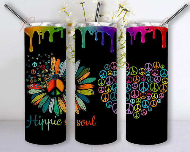 Hippie Soul Hippie Symbols Colorful Hippie Flower Sublimation Designs Downloads, Skinny Tumbler 20oz Design Download PNG Sublimation PixelChick 