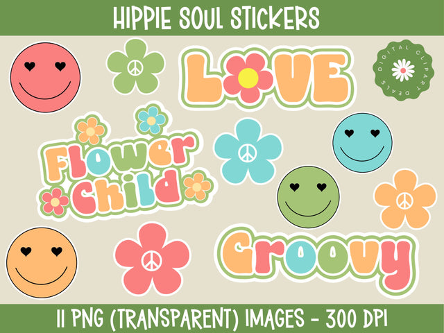 Hippie Soul Sticker Set - Hippie Sticker Pack - 11 Fun Retro Hippie Stickers Sublimation Digital Clipart Deals 