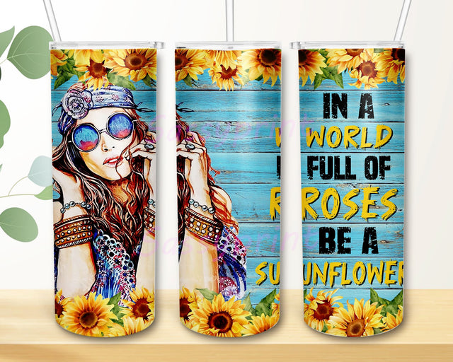 Hippie Sunflower Tumbler 20 oz Stainless Steel with Lid, Bohemian Gifts, In a World Full of Roses Be a Sunflower, Boho Style Coffee Mug For Girls Sublimation sassyprint 