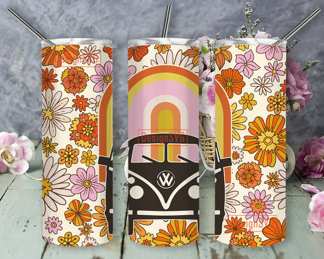 Hippie Van Flowers Tumbler Wrap PNG, Hippie Soul Tumbler PNG, Peace Sign Hippie Van Tumbler PNG, 20oz skinny tumbler sublimation designs Sublimation DesignSVG 
