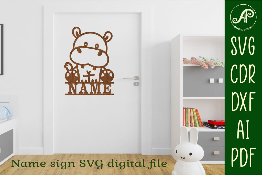 Hippo Name sign svg laser cut template, wall art - So Fontsy