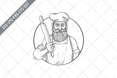 Hipster Baker with Full Beard Holding a Rolling Pin Front View Drawing Black and White SVG Patrimonio Designs Limited 