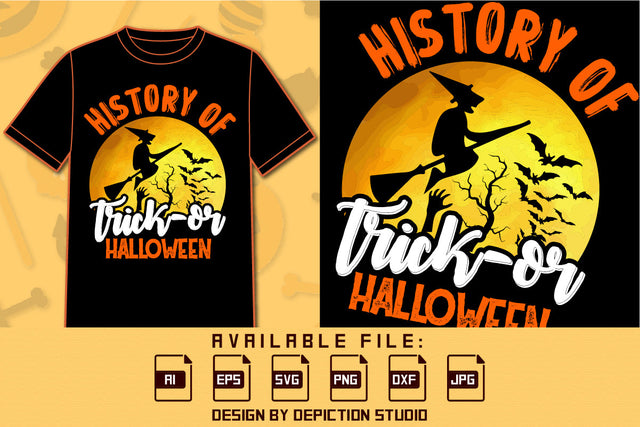 History Of Trick Or Halloween T Shirt, Happy Halloween Witch, Bats, Tree Shirt, Halloween Retro Vintage Shirt Print Template SVG Depiction Studio 