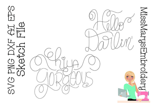 Hiya Gorgeous & Hello Darlin' Sketch Files | Foil Quill | Drawing Sketch DESIGN MissMarysEmbroidery 