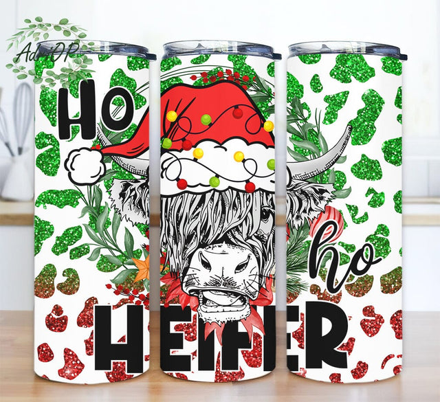 Ho Ho Heifer 20oz Skinny Tumbler Png, Christmas Highland Cow Tumbler, Merry Christmas Tumbler, Christmas Animal Png, Heifer Tumbler Png Sublimation AdriOP 