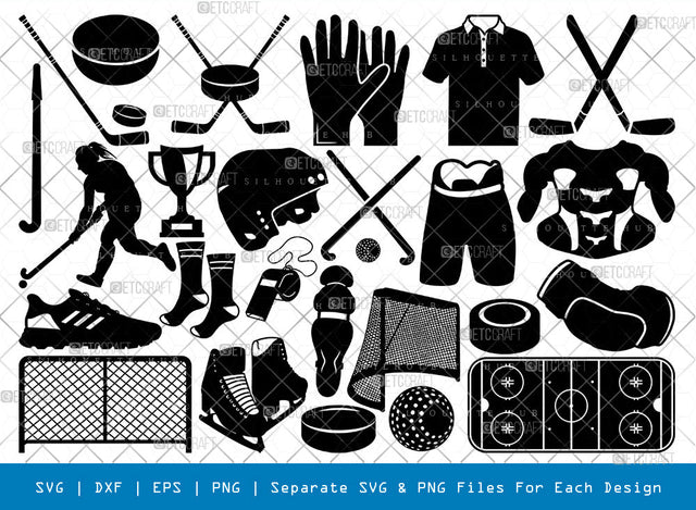 Hockey Sat SVG, Hockey Silhouette, Hockey Stick Svg, Trofee Svg, Ice Hockey Svg, Field Hockey Svg, Gloves Svg, Shoes Svg, Hockey Net Svg, Hockey Bundle SVG ETC Craft 