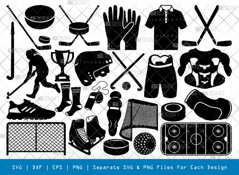 Hockey Sat SVG, Hockey Silhouette, Hockey Stick Svg, Trofee Svg, Ice Hockey Svg, Field Hockey Svg, Gloves Svg, Shoes Svg, Hockey Net Svg, Hockey Bundle SVG ETC Craft 