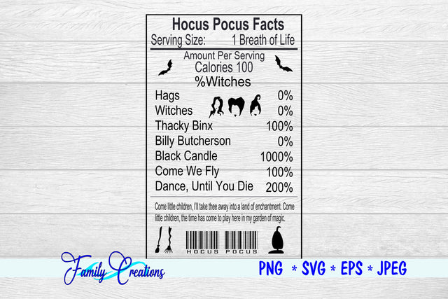 Hocus Pocus Nutrition Label - High SVG Family Creations 