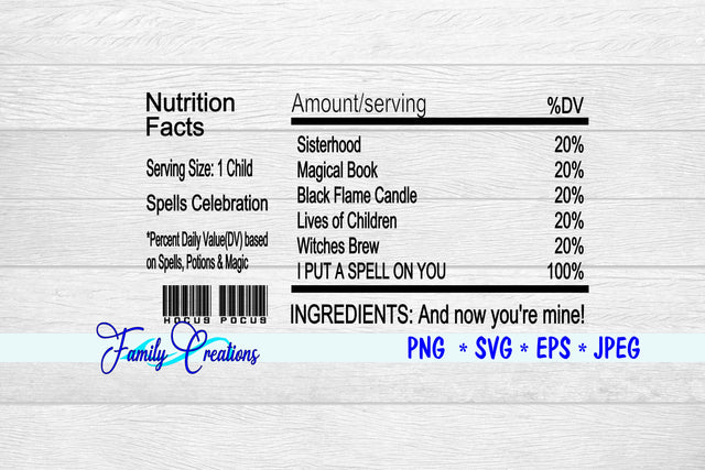 Hocus Pocus Spell Nutrition Label SVG Family Creations 