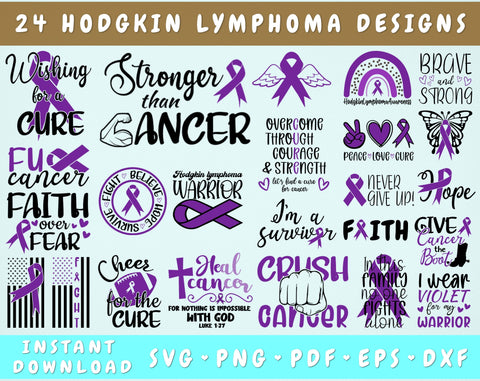 Hodgkin Lymphoma Awareness SVG Bundle, 24 Designs, Hodgkin Lymphoma Cricut Files, Violet Cancer Ribbon SVG, Hodgkin Lymphoma PNG SVG HappyDesignStudio 