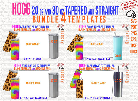 Hogg Template, Hogg Bundle 4 Templates, 20 oz and 30 oz Straight and Tapered, Cricut Silhouette, Svg, Png, Pdf, Dxf, Eps, Docx SVG 1966digi 