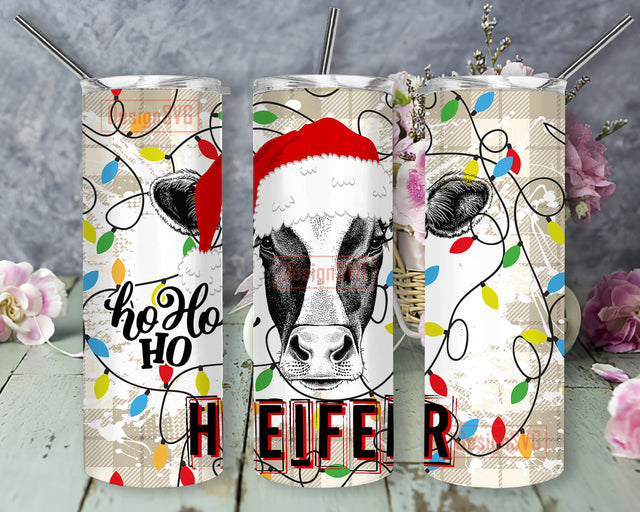 HoHoHo Heifer 20oz Skinny Tumbler, Christmas Cow Tumbler Png, Christmas Light Plaid Tumbler Wrap, Farm Cow Sublimation Design, Digital Download Sublimation DesignSVG 
