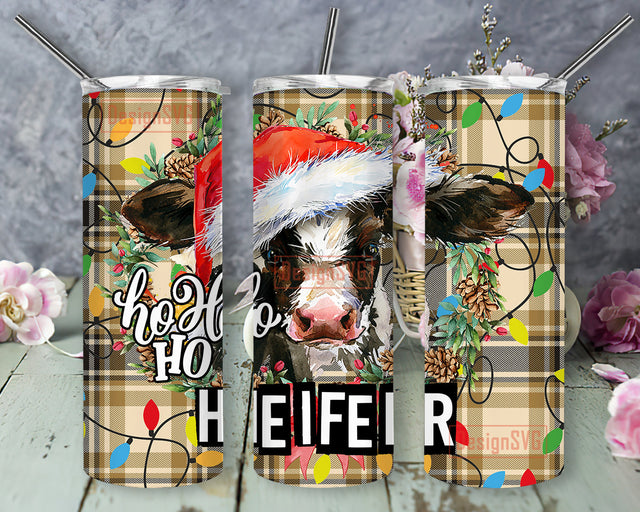 HoHoHo Heifer Tumbler Png, Farm Cow 20oz Skinny Tumbler, Christmas Light Plaid Tumbler Wrap, Funny Christmas Tumbler Template, Digital Download Sublimation DesignSVG 