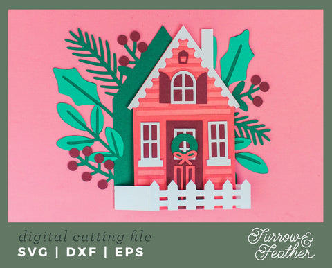 Holiday Cottage Box Card 3D Paper Furrow and Feather SVG 