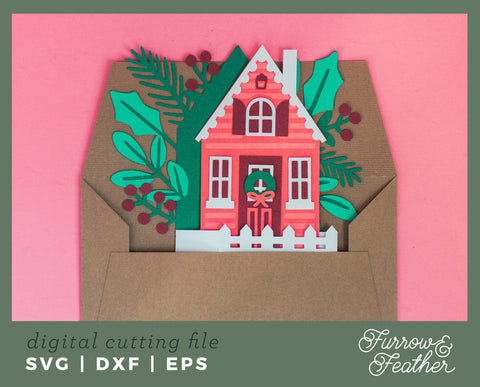 Holiday Cottage Box Card 3D Paper Furrow and Feather SVG 