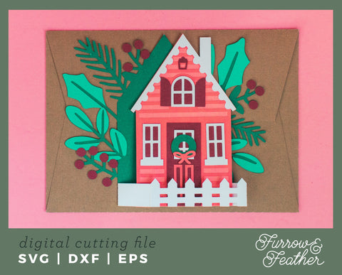 Holiday Cottage Box Card 3D Paper Furrow and Feather SVG 